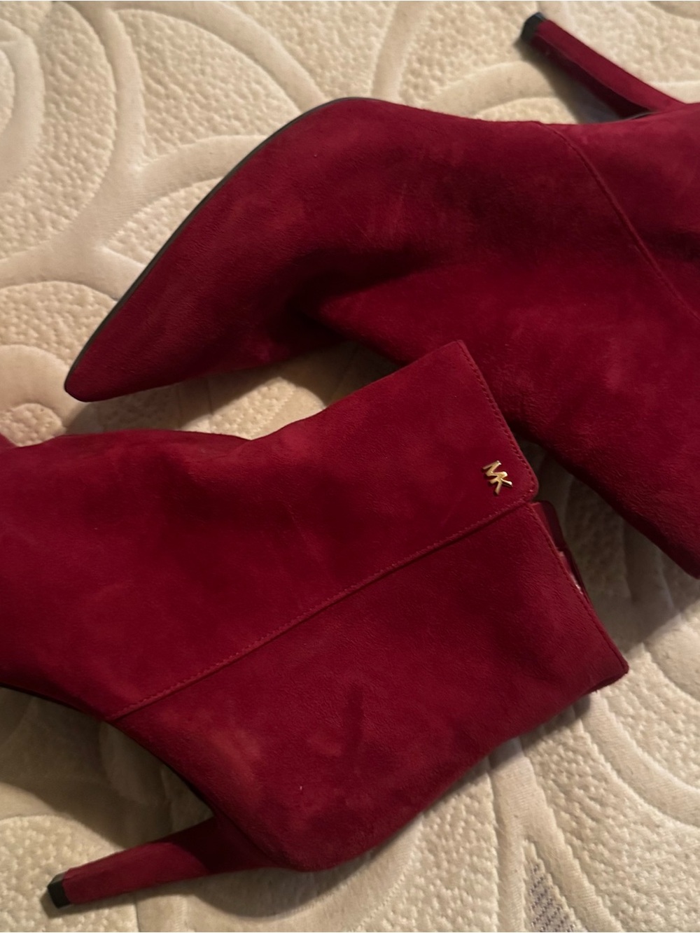 MK Red Suede Pointed-Toe Stiletto Ankle Boots
